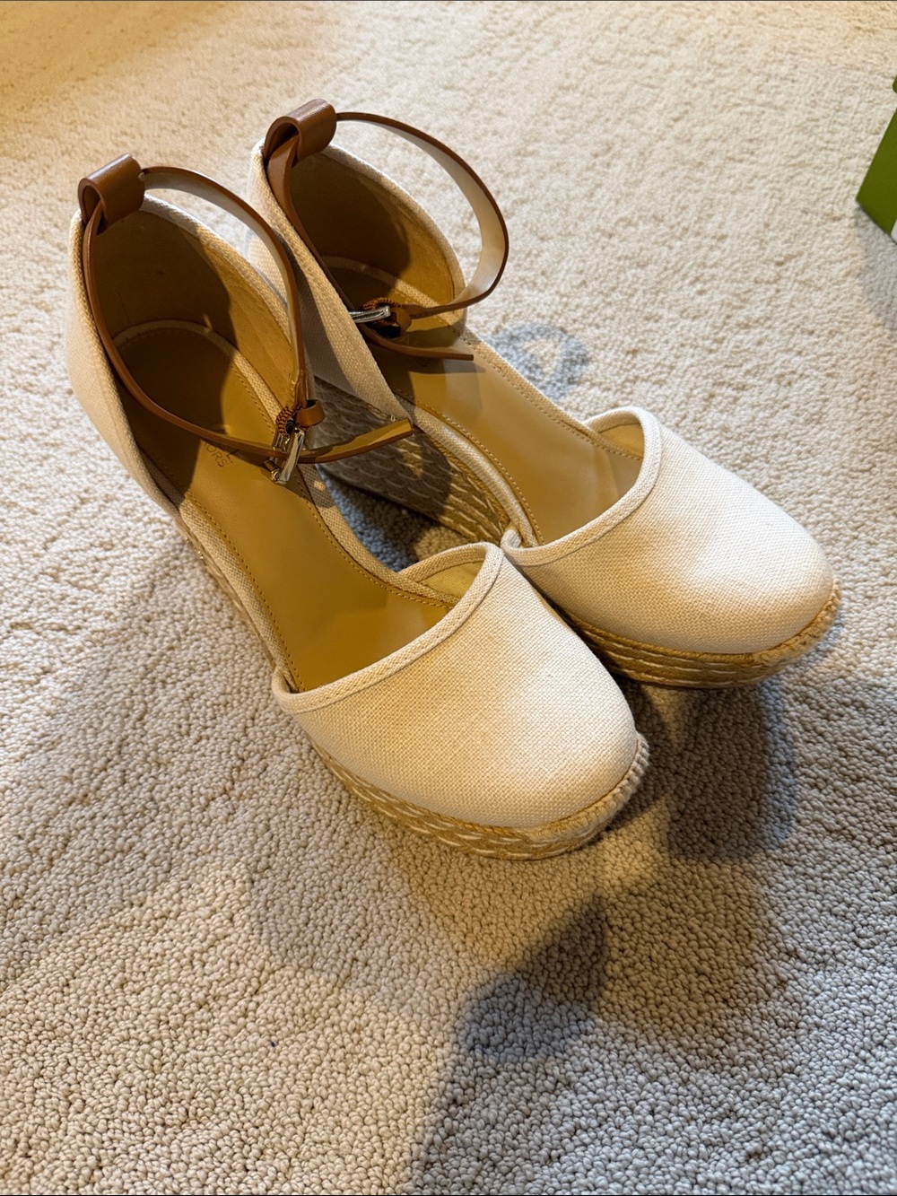 Michael Kors Cream Canvas Espadrille Wedge Sandals with Tan Ankle Strap